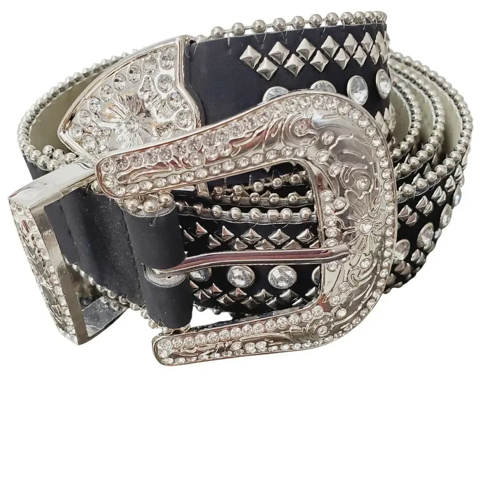 Southwestern Cowgirl Belt Women's XL Black & Silver Jeweled Collectible Fashion